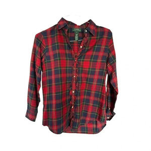 Lauren Ralph Lauren Women's Red & Green Plaid Ruffle Button Down Shirt Size‎ S